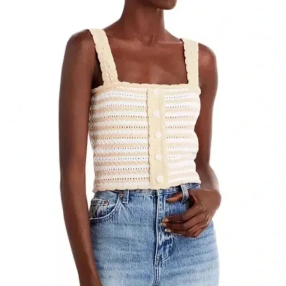 Aqua Striped Crochet Cropped Tank Top Tan/White Square Neck Sleeveless Size L